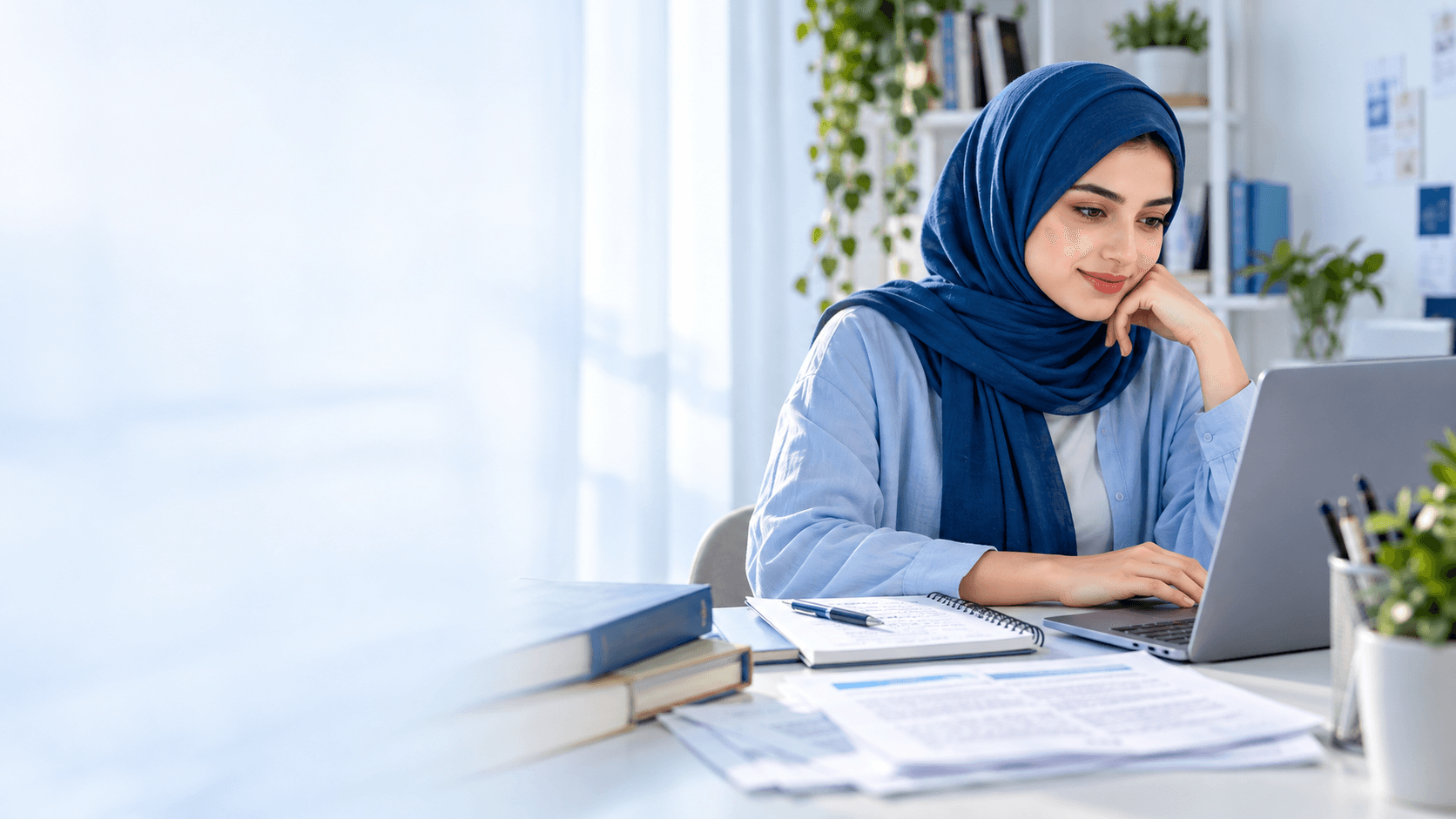 طالبة تعمل على مشروع أكاديمي في مساحة دراسة حديثة